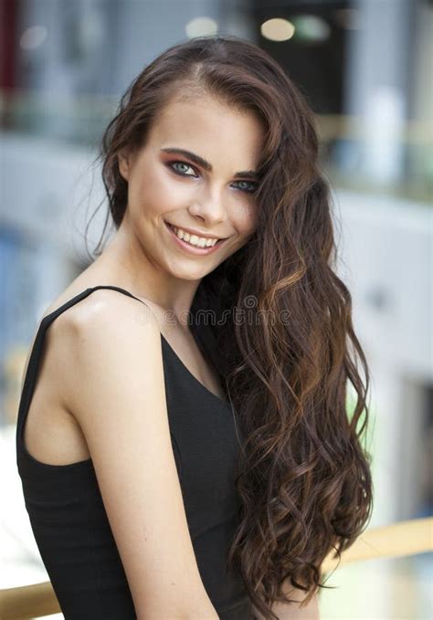 Close Up Portrait Of Beautiful Young Happy Brunette Woman Stock Photo
