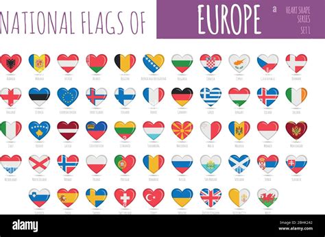 Set Of 56 Heart Shaped Flags Of The Countries Of Europe Icon Set