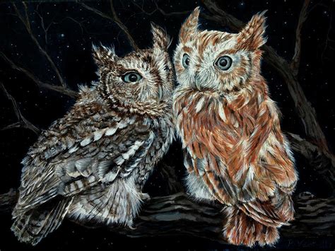Young Love On A Starry Night Screech Owls Painting By Ruth Ann Ventrello