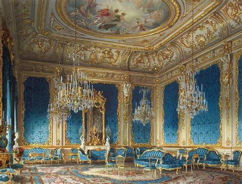 A visualization for a drawing room in a 1800s mansion focusing on the architectural elements and features. The blue drawing room inside the Palace of Baron Stieglitz ...