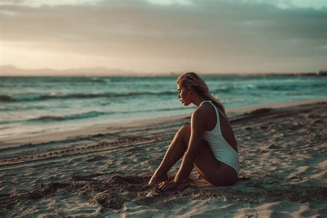 Wallpaper Blonde Sea Women Outdoors Waves One Piece Swimsuit Tanned Swimwear Sunset