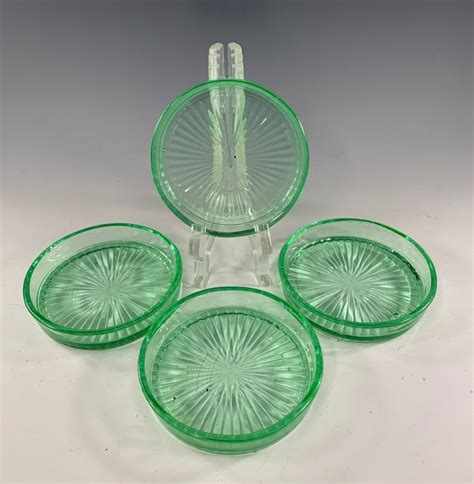 Hazel Atlas Uranium Glass Sunburst 28 Rays Drink Coasters Set Of 4 By