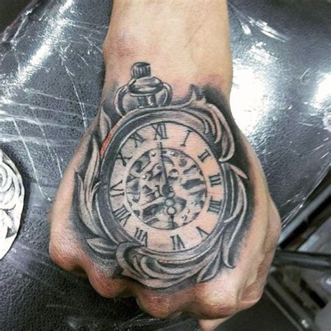 Mens Grey Pocket Watch Tattoo On Hands Skull Hand Tattoo Hand Tats