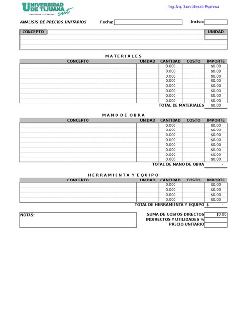 Plantilla Excel De Precios Unitarios Materiales De Construcción