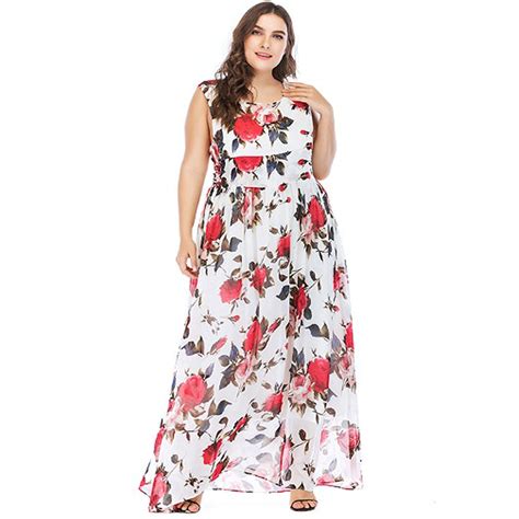 Plus Size Summer Chiffon A Line Sleeveless Floral Maxi Casual Sundresses Apricus Fashion