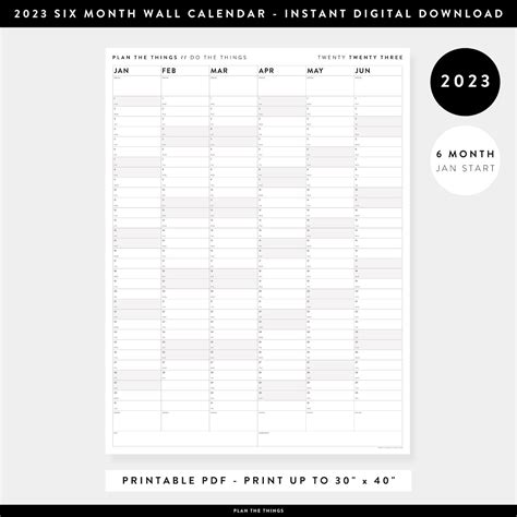 Printable Six Month 2023 Giant Wall Calendar January June Etsy
