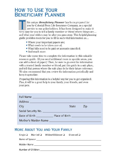 Pa Colonial Penn Beneficiary Planner Fill And Sign Printable Template