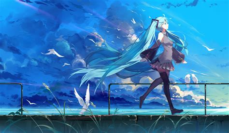 Wallpaper Vocaloid Hatsune Miku Blue Hair Fan Art Landscape Clouds Black Stockings