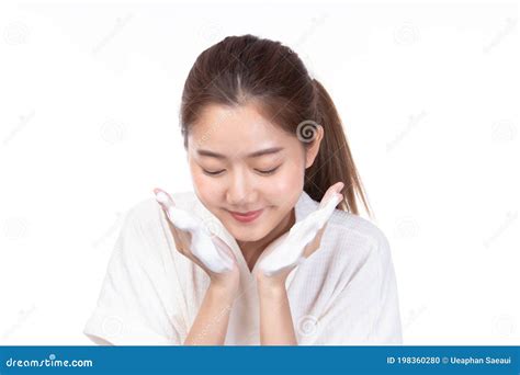 Attractive Beauty Young Asian Woman Washing Up Her Face With Foam