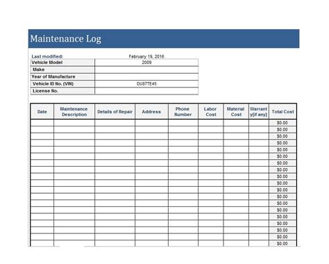 Printable Equipment Maintenance Log Template Excel