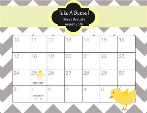 Select which stats you will open up for guests to predict (sex, time of birth, weight, and length), and provide the expected due date so guests aren't guessing. Printable Due Date Calendar // Baby Shower Game // Guess the Date // Baby // Chevron // Grey and ...