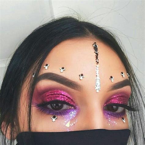 Rave Festival Makeup Outfit Pink Purple Glitter Face Gems Makeup In