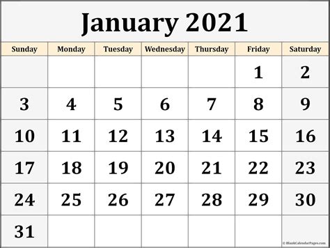 January 2021 Calendar Printable Free Monthly January 2021 Calendar Of
