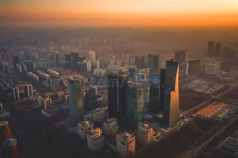 Beijing Skyscrapers On Sunset Chinas Beijing City Aerial View Stock