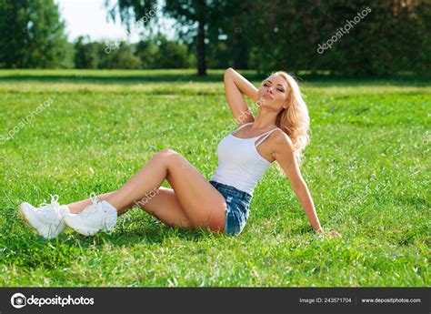 Beautiful Sexy Blonde Woman Dressed Denim Blue Shorts Fashion Model Stock Photo Arkusha