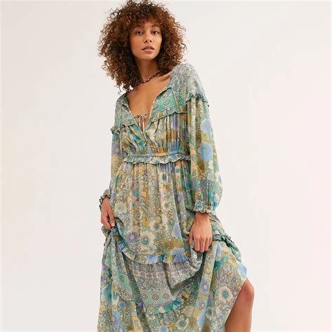 Jastie Ruffle Trim Boho Dress Gypsy Floral Print Beach Dresses V Neck