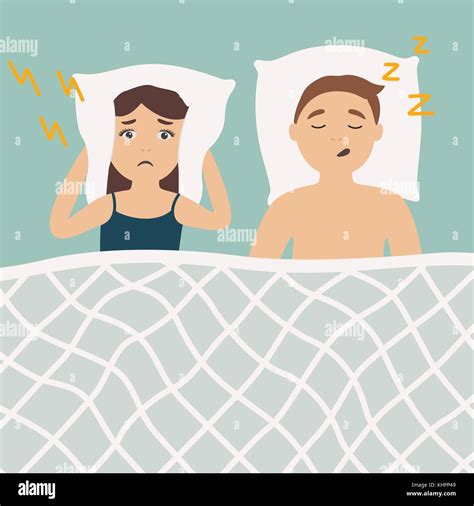 snoring man in bed with angry awaken woman sleeping problems unhealthy lifestyle stock vector