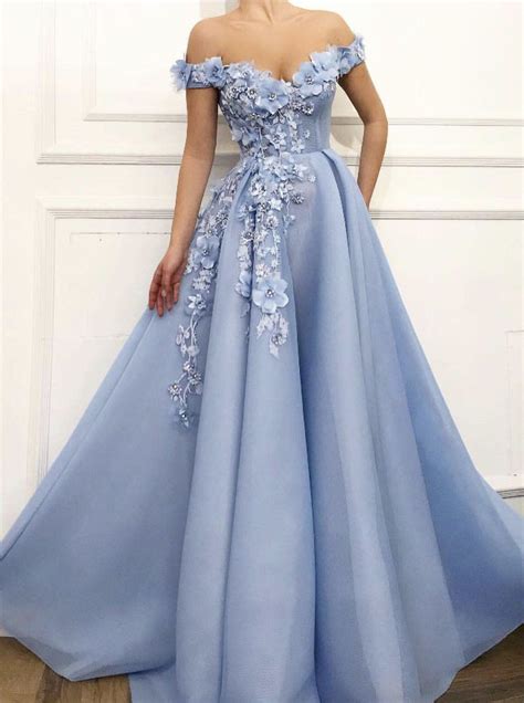 Buy Charming Off Shoulder 3d Flower Appliques Net Blue Prom Dresses