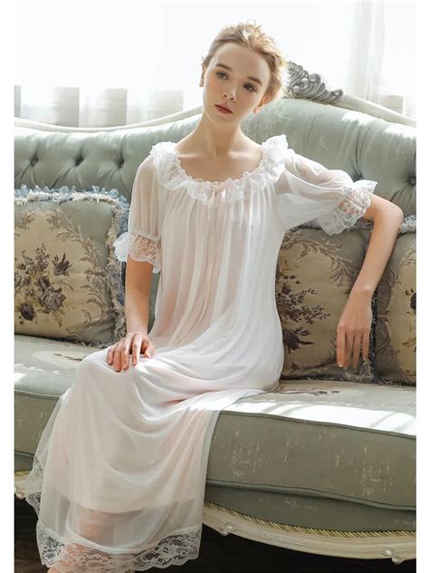 Womens Sleepwear Sexy Long Nightwear White Lace Vintage Princess Dress