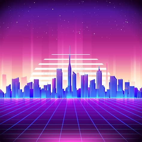 80s Retro Sci Fi Background With Night City Skyline Stock