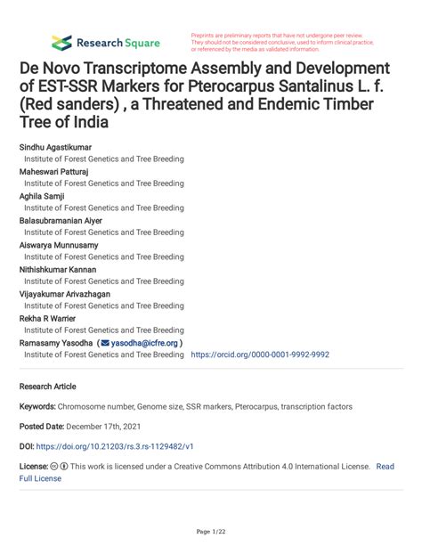 Pdf De Novo Transcriptome Assembly And Development Of Est Ssr Markers