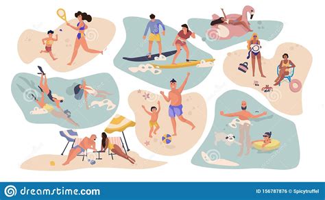 People Beach Activities Cartoon Characters On Summer Vacation Surfing