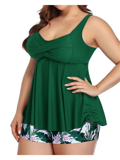 Women S Plus Size Ruched Tankini Swimsuit Flowy 2 Piece Tummy Control Bathing Suits With Shorts