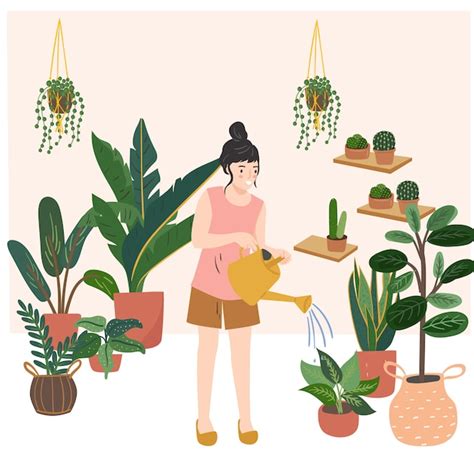 Premium Vector Woman Holds A Watering Can And Watering Flowers Plants At Home Hand Drawn