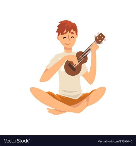 Young Man Sitting On Floor And Playing Ukulele Vector Image