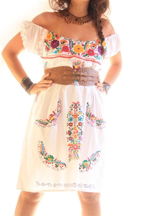 Handmade Mexican Dress From Aida Coronado Floral Off Shoulder Embroidered Dress From Mexico
