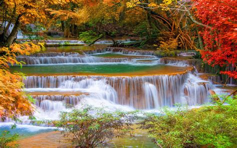 Thailand Kanchanaburi Cascade Waterfall In Autumn Trees
