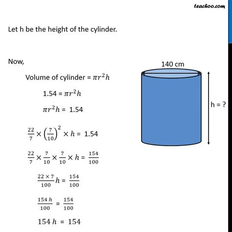 Ex 114 5 Find The Height Of The Cylinder Whose Volume Is 154 M3