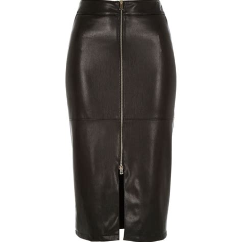 River Island Black Leather Look Zip Front Pencil Skirt In Black Lyst