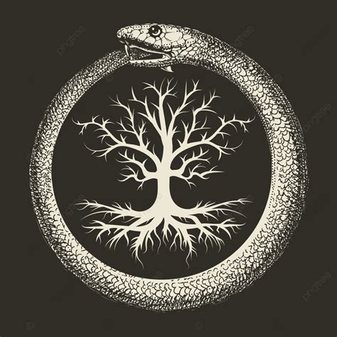 Esoteric Symbol Of Ouroboros Snake And Tree Of Life Ancient Isolated On