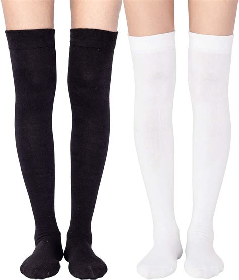 Women S Over The Knee High Socks Knee Socks Pairs White Black One Size Amazon Co Uk Clothing