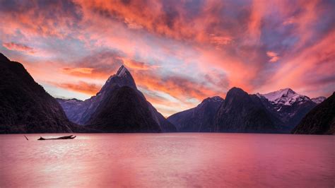 Wallpaper Nature New Zealand Milford Sound Mountains Sunset