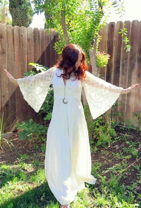 Vintage S Bohemian Hippie Goddess Lace Angel Sleeve Maxi Etsy