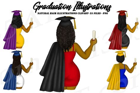Graduation Girls Clipart Black Women Cap Gown Sublimation Pn