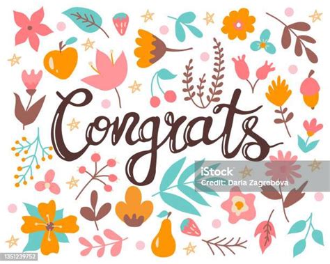 Hand Lettering Congrats On Set Of Flowers And Plants Vector