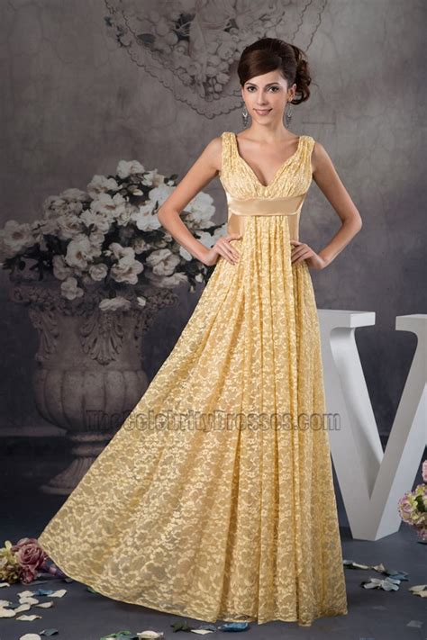 Floor Length Gold Lace V Neck Formal Dress Prom Gown