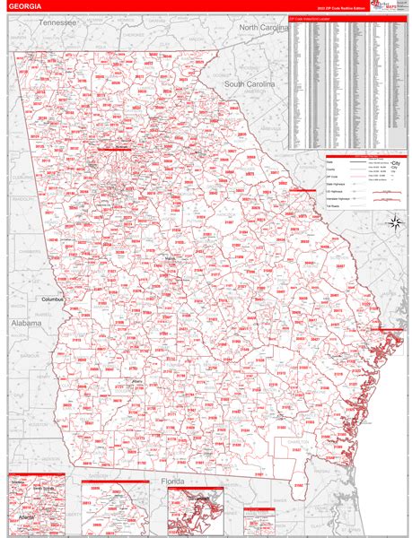 Georgia Zip Code Wall Map Red Line Style By Marketmaps Mapsales