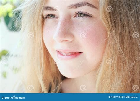 Pretty Caucasian Teen Girl Smiling Close Up Face Stock Photo Image