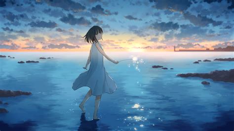 1366x768 Resolution Cute Anime Girl Sunset Draw 1366x768 Resolution