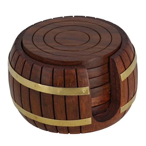Wooden Round Tea Coasters Set Of 6 In Antique Inspired Barrel Holder