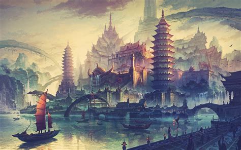 Wallpaper Painting Illustration Boat Fantasy Art Cityscape Asian