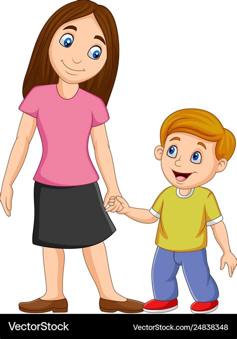 cartoon mother holding her sons hand royalty free vector