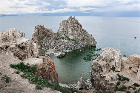 Beautiful View Of The Shaman Rock Island Of Olkhon Lake Baikal Stock