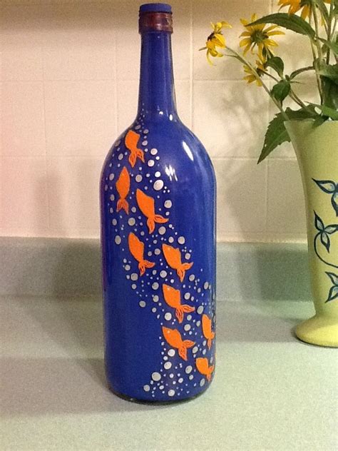 Wine Bottle Painted From The Inside Out Fish And Bubbles Painted On