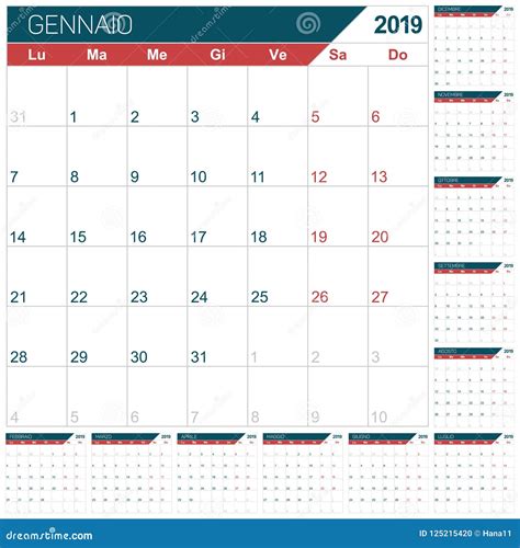 Italian Calendar For Year 2019 Stock Vector Illustration Of Calendar