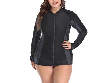 Attraco Womens Rash Guard Plus Size Color Block Long Sleeve Zip Front